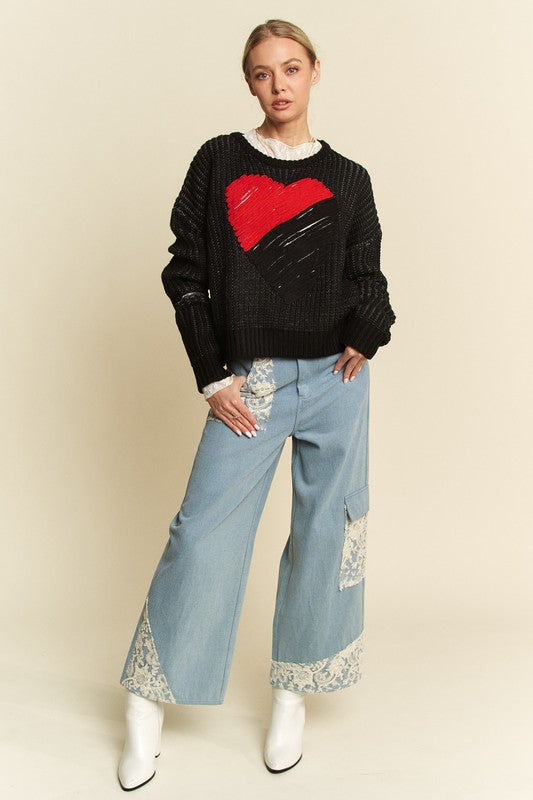 Davi &amp; Dani Contrast Heart Dropped Shoulder Sweater